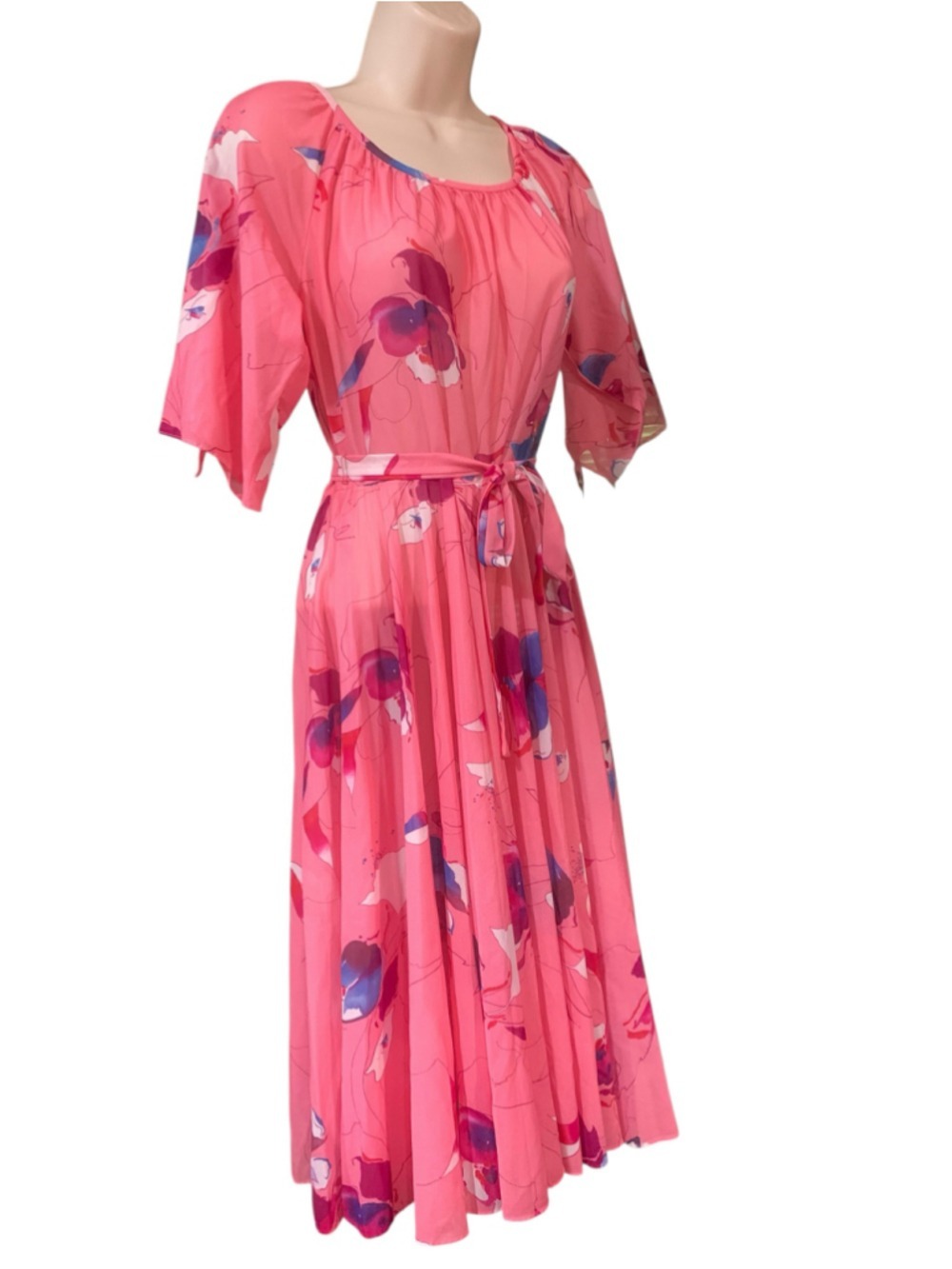 Vntg 70’s Women's Sheer Floral Midi Dress Size S Pink Purple